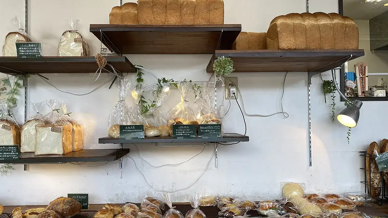 Bread shelves in a bakery
